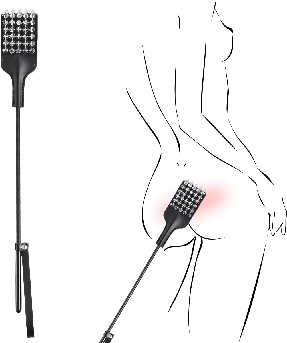 16'' Riding Crop for Sex Play Leather Spanking Paddle with Metal Rivets Decorations Studded Square Horse Crop for Equestrian Horses Training (Black)