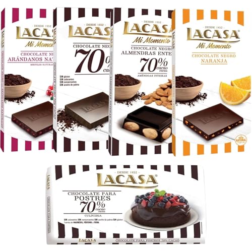 Pack Lacasa 5 deliciosas tabletas de chocolate de distintos sabores y tamaños: naranja, arandanos,negro,culinaria200g, almendra 200g