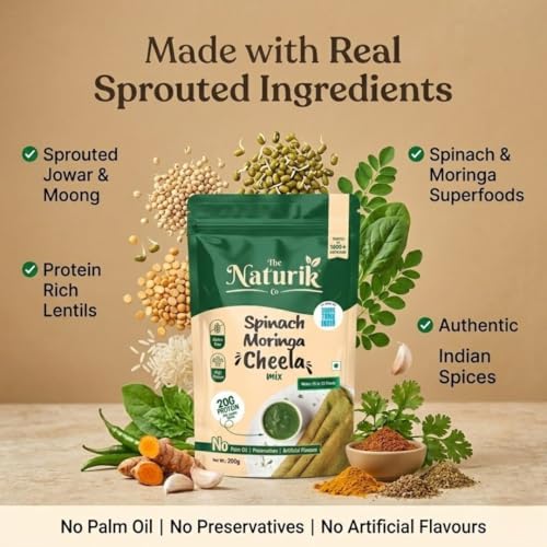 Image of The Naturik Co Spinach Moringa Cheela Mix 200g (Pack of 4) - Ready to Cook Chilla /Dosa Mix| Healthy & Instant Breakfast | Anytime Snack for Kids and Family | As Seen On Shark Tank