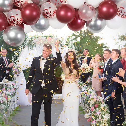 Image of Burgundy Red and Silver Balloons, 60 Packs 12 Inch Wine Red and White Silver Metallic Confetti Balloons with Ribbons for Women Birthday Wedding Bridal Shower Retirement Party Decorations Supplies