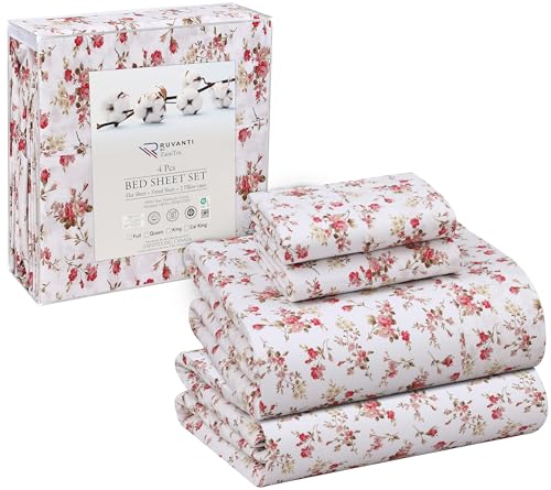 RUVANTI 100% Cotton California King Sheet Sets, 4 Pieces, Soft & Breathable Percale Weave Bedding, Deep Pocket 14", Hotel Standard, Crisp Cool Feel & Durable, Perfect Floral Sheets, Bouquet