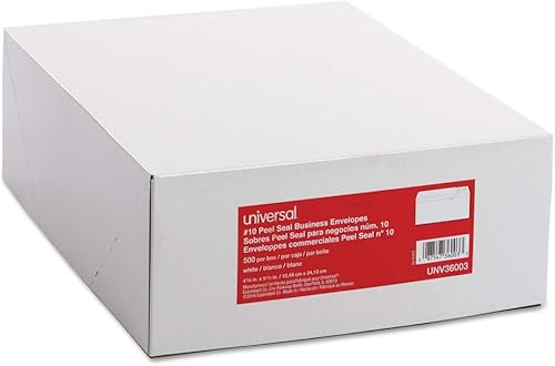 Universal UNV36003 - Sobre de negocios con tira de sellado despegable, #10, 4-18 pulgadas x 9-12 pulgadas, blanco (500caja) Universal UNV36003 - Sobre de negocios con tira de sellado despegable, #10, 4-18 pulgadas x 9-12 pulgadas, blanco (500caja)