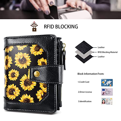 Image of Small Wallet for Women Leather Bifold RFID Blocking Zipper Pocket ID Window Womens Card Holder Case,Sunflower