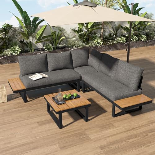 Mrwoo Gartenlounge Set mit Beistelltisch 3-Sitzer, Terrassenmöbel Außen mit Couchtisch, Outdoor Ecksofa-Set aus Verzinktem Eisen, Winkel-Liegefunktion, Starke Witterungsbeständigkeit (Grau)