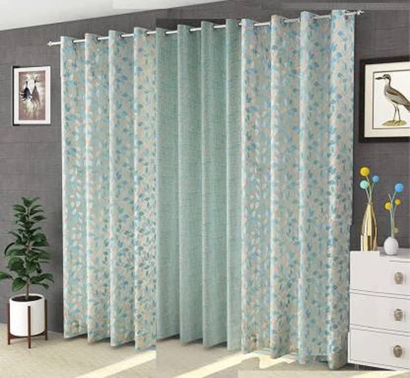 Purav Light Leaf and Texture Pattern Jacquard Jute Room Darkening Curtains for Door Living Room Bedroom, 7 Feet Long, Aqua, Set of 3 Pieces