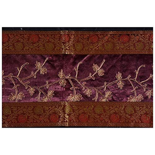 Image of E-EZRA Ari Zari Embroidery Table Runner for Dining Table 6 Seater 72IN Indian Satin Traditional Long Runner Up with Tassels Coffee Tablecloth (Purple)