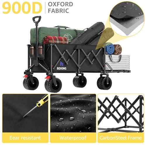 Image of 220L Folding Wagon with Detachable 14 Gallon Cooler Bag, Extra Large All-Terrain Heavy Duty Collapsible Beach Wagon Cart with Big Wheels, Foldable Utility Cart for Camping, Tailgate