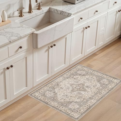 EIEIHOUSE Washable Area Rugs for Living Room -2x3 Neutral Vintage Distressed Floral Farmhouse Boho Large Soft Floor Rug Indoor Non Slip Carpet for Bedroom Dining Room Office - Brown/Multi — view 3