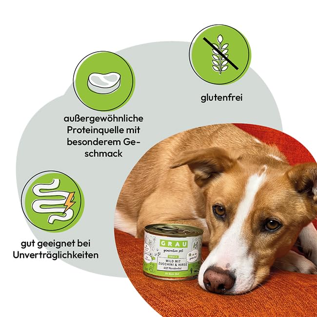 GRAU – das Original – Nassfutter für Hunde - Wild mit Zucchini & Hirse, 6er Pack (6 x 800 g), glutenfrei, für Erwachsene Hunde