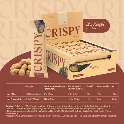 VETAIN Vegan Proteinriegel - Crispy Peanut - 12g Eiweiß pro Riegel - Mit Mönchsfrucht gesüßt - 100% natürliche Zutaten - Ohne Palmöl - Frei von Sucralose & Maltit - 12 x 55g 6