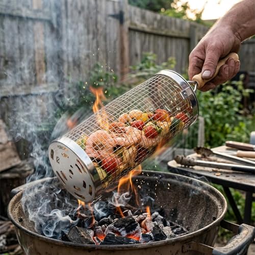 Grill Welten Grillkorb Edelstahl BBQ Grillkorb Rolling Grill Basket 20 cm Korblänge BBQ Zubehör für Gemüse Fleisch Fisch Wurst Grillzubehör mit Holzgriff abnehmbar