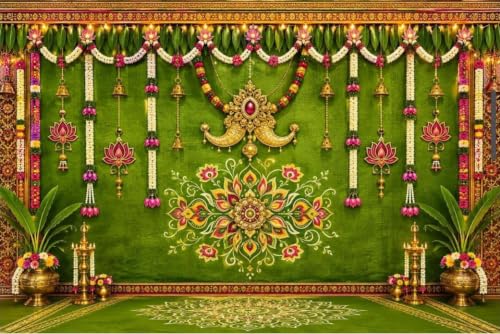 Image of varalakshmi puja Decorations Cloths | Decoration Backdrop Groom | Vibrant Green Puja Stage Decoration Backdrop with Hanging Bells and White Jasmine Strands 8x8 Feet | Wedding Backdrop Cloth