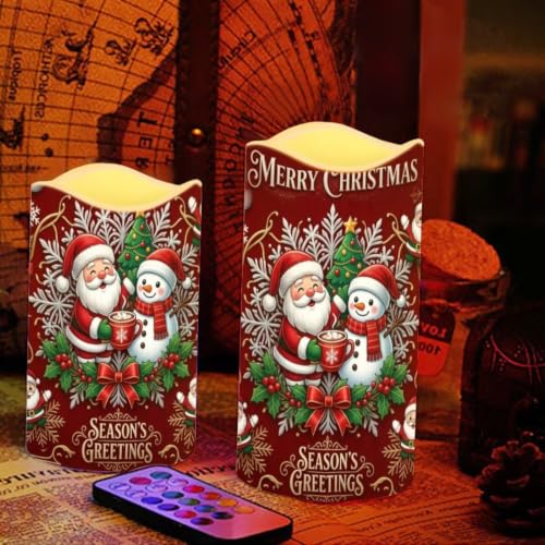Image of Santa Christmas Color Changing Flameless LED Candles Set of 4 | Snowman Xmas Battery Operated Fake Candles, with Remote Control, Flickering Flame for Home Holiday Party Centerpiece Decor