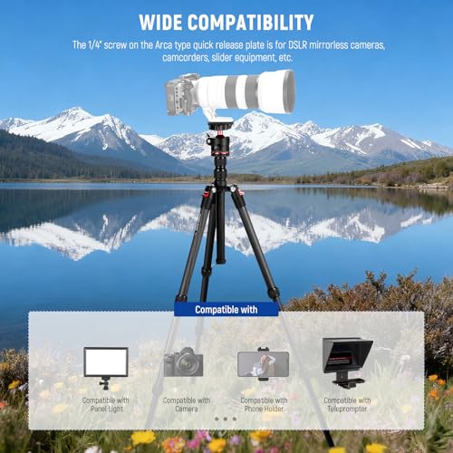 Image of NEEWER Basics Carbon Fiber Travel Tripod, 64 inch Compact Lightweight Portable Camera Video Stand, Arca Type Ball Head & Cell Phone Holder Compatible with iPhone Video Recording, Max Load 13.2 lbs, TP17