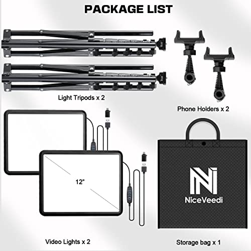 2-Pack Led Video Light Kit, Niceveedi Studio Light, 2800-6500K Dimmable Photography Lighting Kit With Tripod Stand&Phone Holder, 73" Stream Light For Video Recording, Game Streaming, Youtube #TOP5