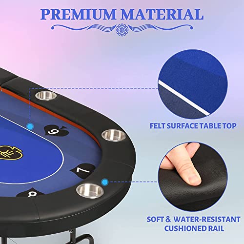 Vilobos Poker Table Foldable, 10 Players Texas Holdem Poker Table, Casino Table For Blackjack Board Game W/Deep Steel Cup Holder, Blue Felt Surface #TOP5