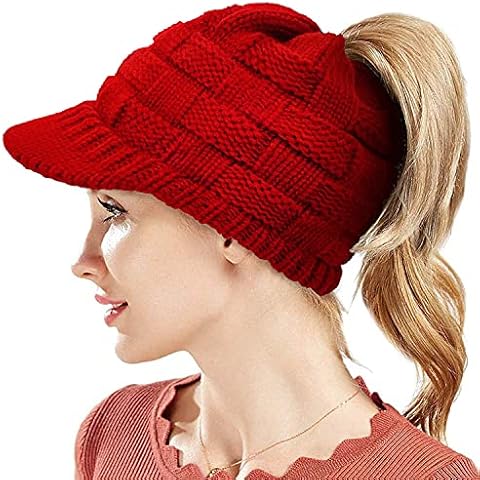 Ponytail Beanie Hat Women Peaked Beanies Winter Warm Knitted Outdoor Skiing Skullies Hats Baseball Caps Messy Bun Hat (Red) Cover