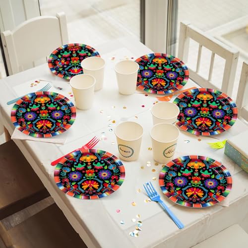 Image of 48PCS Mexican Fiesta Paper Plates 7 inch Fiesta Party Plates Disposable,Mexico Mayo Dessert Plate Supplies Decor for Day of The Dead Dia De Los Muertos Taco Dance Pinata Colorful Ponchos Dinner Tableware