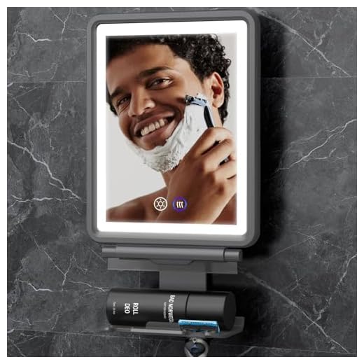 Heated Shower Mirror Fogless for Shaving, 3 Colors Stepless Dimmable Lights Fogless Mirror for Shower, Rechargeable Anti Fog Shaving Mirror with Razor Holder for Men, Light Memory Function, Gray