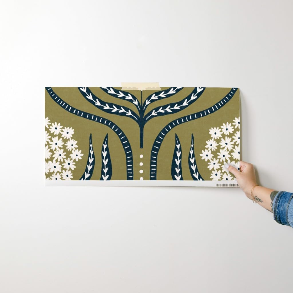 Spoonflower Removable Wallpaper Swatch - Large Olive Green Minimal Floral Damask Simple Flower Custom Pre-Pasted Wallpaper