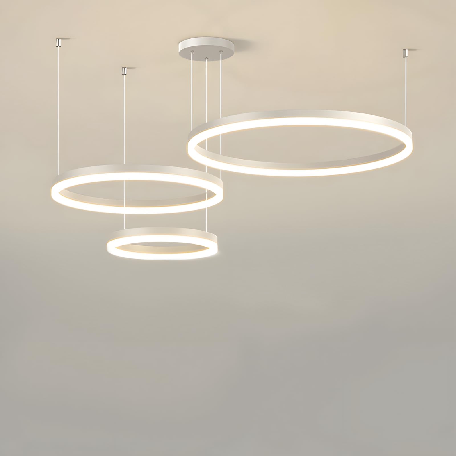 Metal LED Chandelier | 3 Circles 20+40+60cm | 45W Rings Ceiling Hanging Lamp, Dimmable Remote Control 3000-6000K, Acrylic Shade Pendant Light, Living Room Bedroom Foyer Dining Room Kitchen【White】
