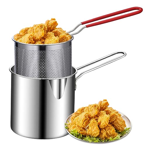 Juego de 2 ollas freidoras con cesta de 1200 ml, sartén de acero inoxidable con mango sin revestimiento, pulido y cepillado, para patatas fritas, pescado, alas de pollo, woks, sartenes para saltear