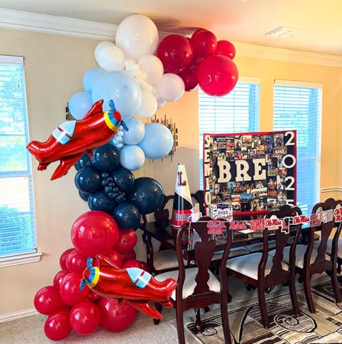 Image of Airplane Birthday Party Decorations 142pcs Airplane Balloon Garland Arch Kit Dusty Blue and Red White with 2Pcs Airplane Mylar Balloon for Time Flies Theme Birthday Baby Shower Party Supplies