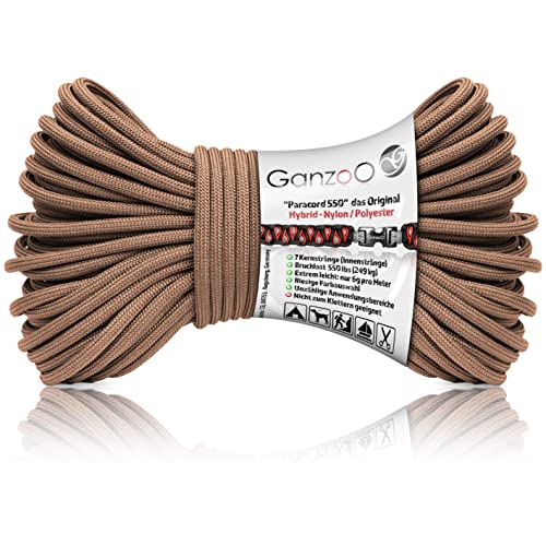 Ganzoo Paracord 550 Seil Hazelnut, 4 mm Typ 3, 30 m Outdoor Kordel, Hybrid Nylon Polyester, 32 Litzen Mantel, 7 Innenstränge, ca. 250 kg Bruchlast, zum Flechten und Knoten für Hundeleine und Halsband
