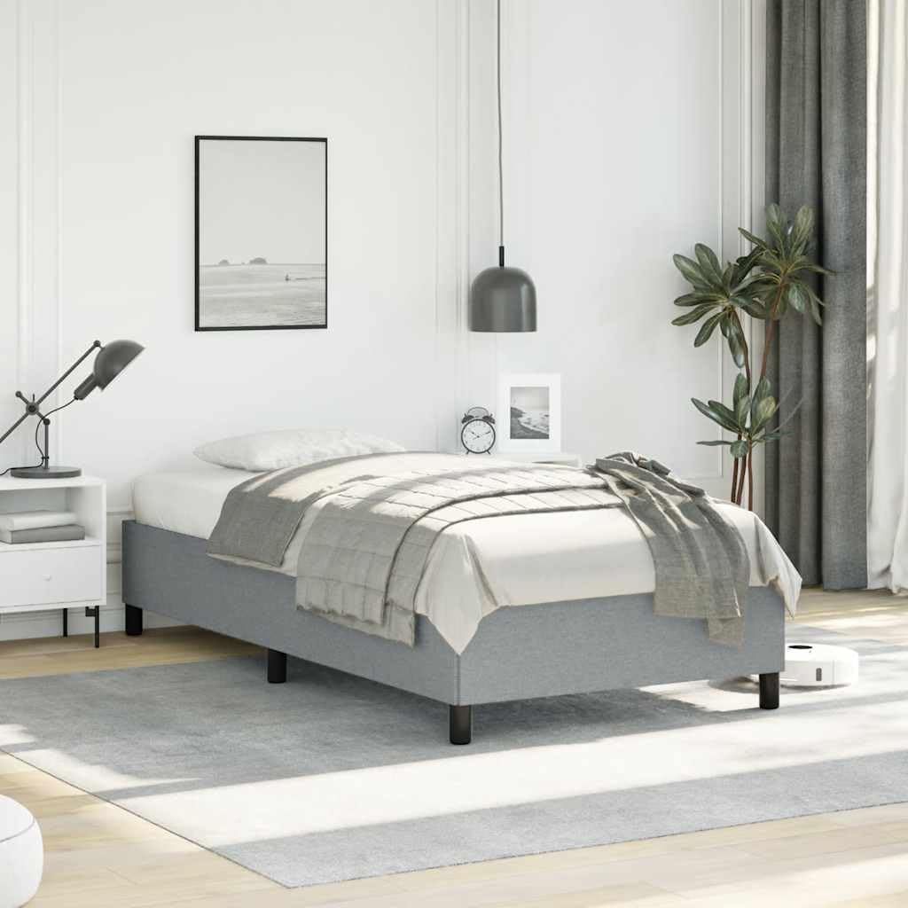 Twin XL Bed Frame Light Gray Polyester Upholstery Modern Platform Foundation with Engineered Wood and Plywood Sturdy Durable Slatted Mattress Support for Bedroom