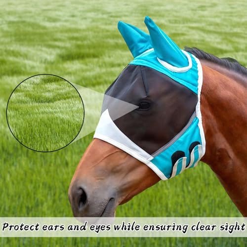 Fliegenmaske Pferd mit Ohrenschutz & Elastizität, Uv-Beständig, Atmungsaktive Fliegenhaube Pferd Cob Größe L (Blau - Magischer Aufkleber - M)