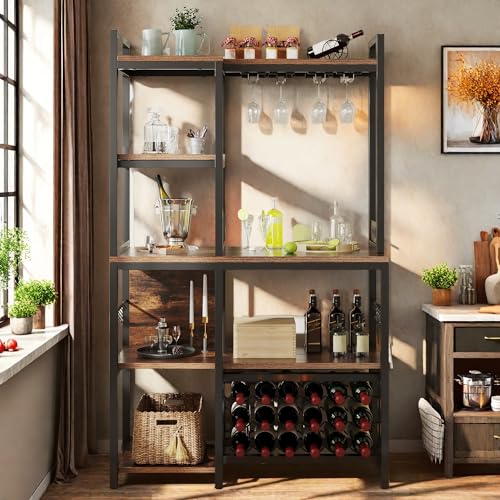DWVO Large Bakers Rack with Power Outlets and Wine Rack, 35.5 inch 5-Tier Microwave Stand, Coffee Bar with Glasses Holder, Kitchen Storage Shelf with 6 Hooks, for Living Room, Office, Rustic Brown