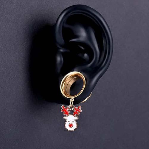 Miniatura 3 de PUNKYOUTH Christmas Style Gold Dangle Ear Gauges Double Flared Plugs Tunnels Stainless Steel Screw Back Earrings Deer Cane Gauge 2g to 1"