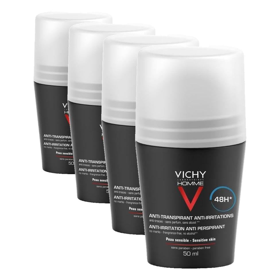 Vichy Homme Anti-Transpirant 48H Roll-On für empfindliche Haut, Deo-Roll-on für Männer, Hautberuhigend und geruchshemmend, mit Oligo-Zink und Thermalwasser aus Vichy, Für empfindliche Haut, 50 ml
