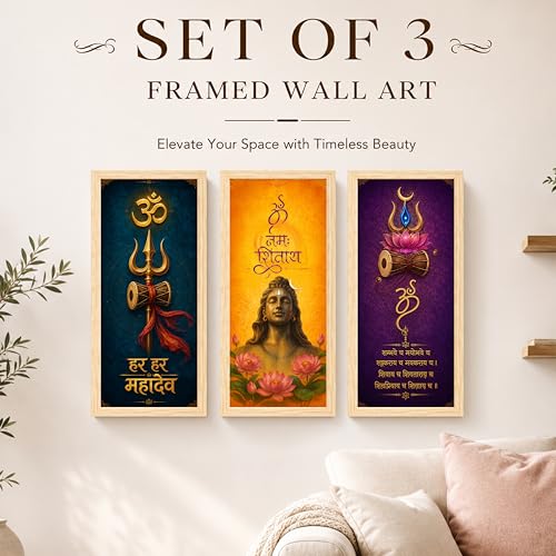 Image of Lord Shiva Framed Wall Art Paintings for Living Room, Set of 3 Mahadev wall art Poster with Trishul & Damru Painting, Indian Religious Vastu for Living Room, Home & Office (Size 24x48)