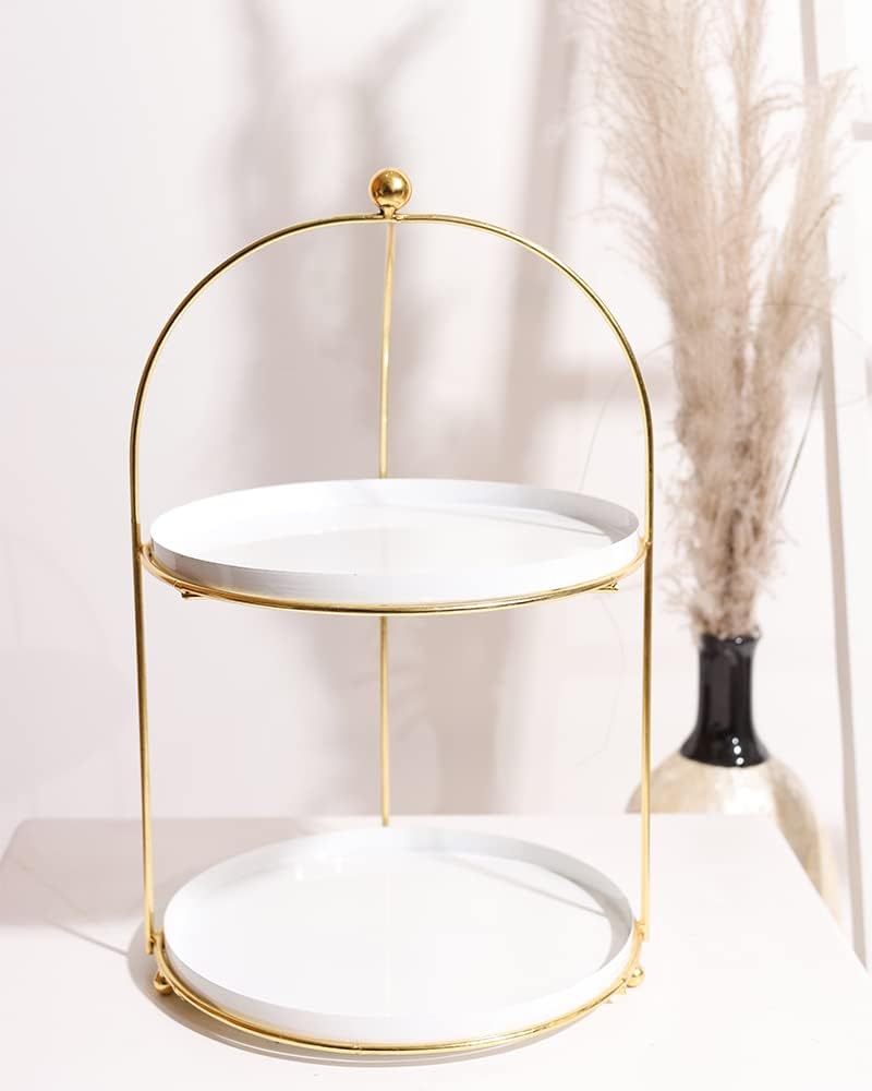 White & Gold Metal 2-Tier Cake Stand Snack Platter for Home Decor Round