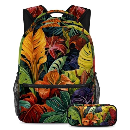 Cartable ensemble 3 pièces motifs plantes tropicales pour la rentrée scolaire des ados