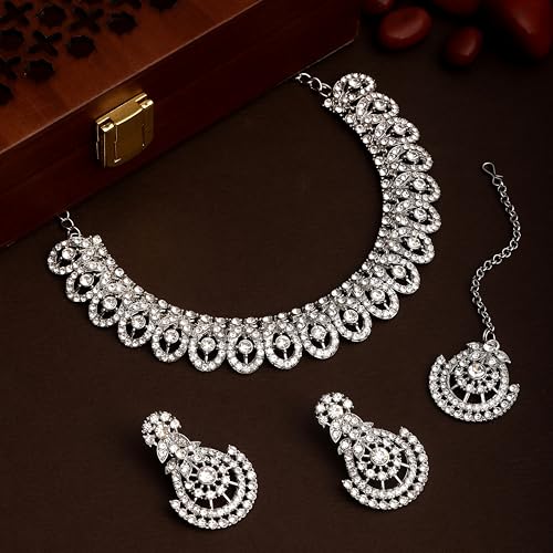 Image of Atasi International Silver Plated White Crystals American Diamonds Stylish Necklace Set with Earrings and Maang Tikka for Women and Girls | Stylish Jewellery for Party, Wedding and Festive Occasions (R6160)