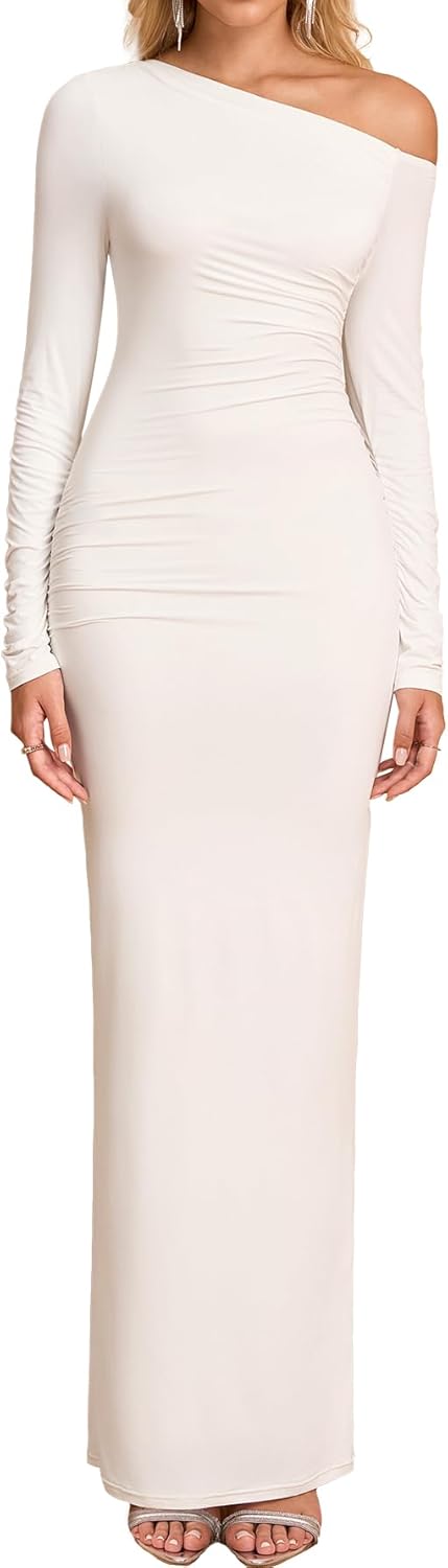 One Shoulder Long Sleeve Maxi Dress Bodycon Ruched for Women 2025 Fall Wedding Guest Formal Dresses