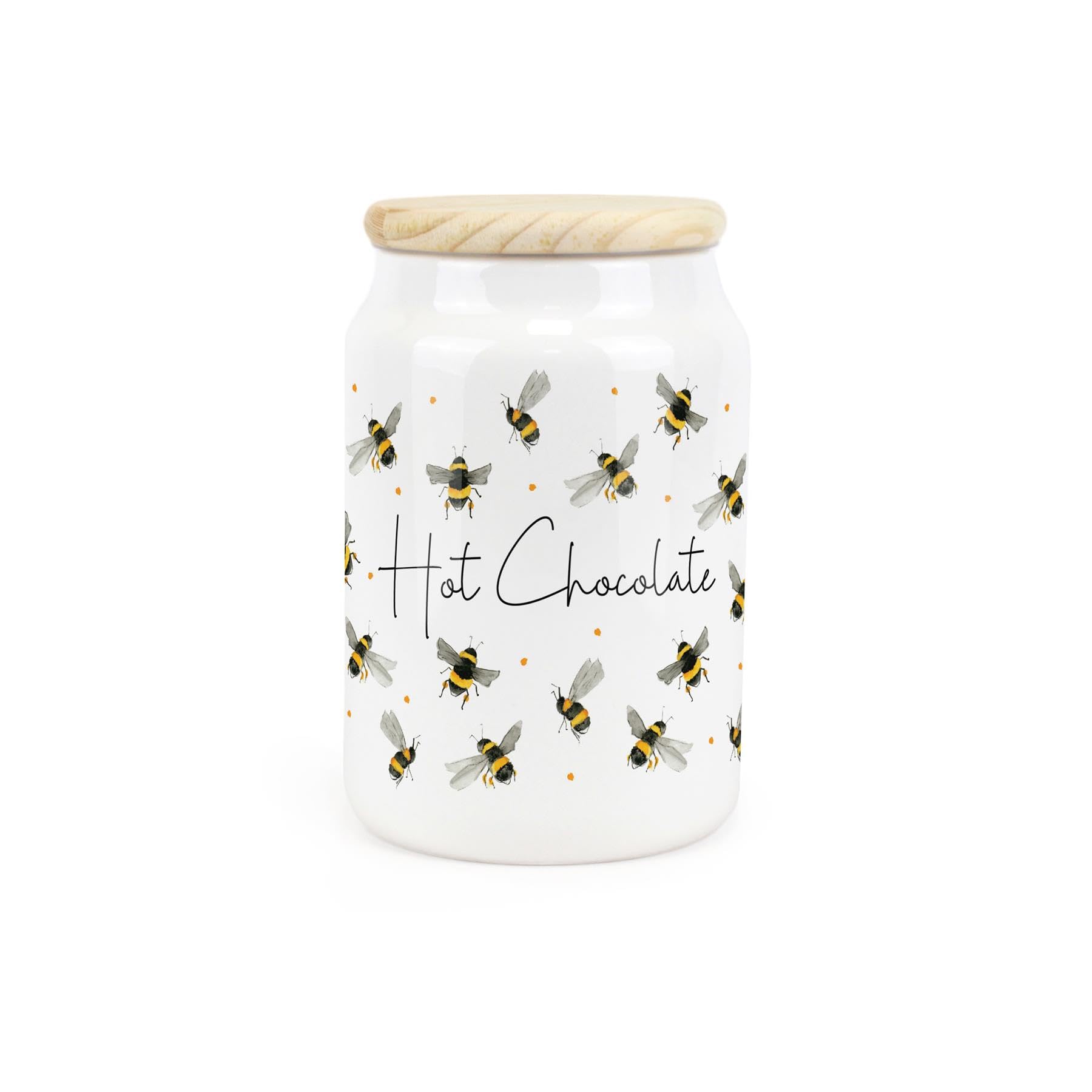 Purely Home Scattered Bees Ceramic Hot Chocolate Storage Canister - Bumblebee Ceramic Kitchen Food Storage Container & Wooden Lid 600ml (14.5cm x 9.5cm)