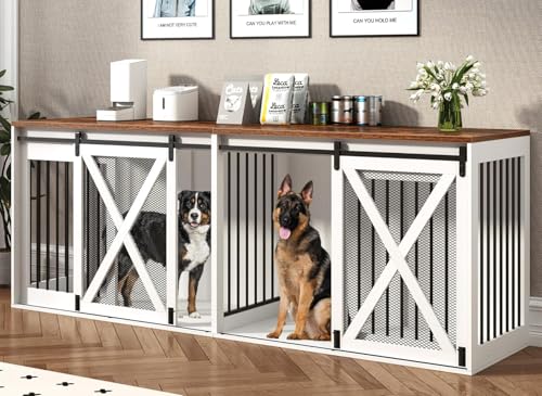 94.5 XXXL Dog Crate Furniture for 2 Large Dogs, Heavy Duty Double Dog Cage Extra Large Breed, 35.4 Tall Thick Wooden Dog Kennel TV Stand with Divider, White