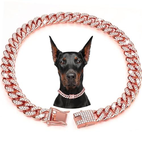 Dog Chain Collar,BOZILY Diamond Cuban Collar Walking Metal Chain Collar with Design Secure Buckle,Pet Cuban Link Dog Collar Jewelry Accessories for Small Medium Large Dogs Cats (8in, Rose Gold)