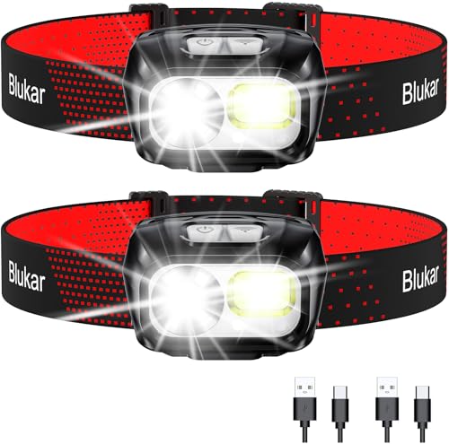 Blukar LED Headlamp Rechargeable,2000L Super Bright Headlight with Motion Sensor -Dimmable Brightness,8 Modes,Spotlight&Floodlight&Red Light Combination,IPX5 Waterproof for Hiking,Camping - 2 Pack