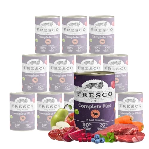 FRESCO Dog Nassbarf Complete Plus Rind 12x400g | getreidefreies Nassfutter für Hunde in Barf Qualität | aus 100% frischem Fleisch, Innereien, Obst und Gemüse | ohne künstliche Zusätze
