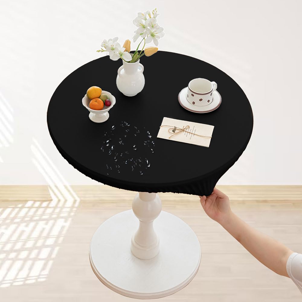 Lukery Fitted Elastic Round Tablecloth, Wipe Clean Tablecloths Waterproof Stain Resistant Table Decoration for Kitchen Garden Indoor Outdoor (Diameter 100cm,Black)