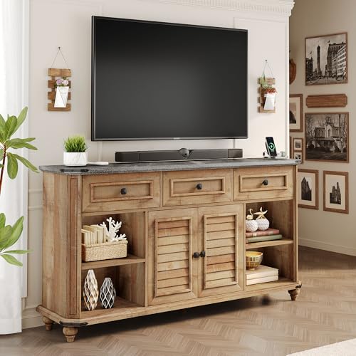 DWVO Farmhouse TV Stand for 65 Inch TV, 31.5" Tall Entertainment Center w/3 Drawers & Shutter Doors, Rustic Media Console Cabinet w/Storage Shelves, Wood Television Stand for Living Room, Rustic Brown