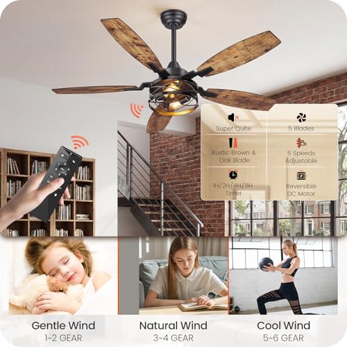 Image of 50 Inch Farmhouse Ceiling Fan with Lights and Remote, Timer, Dual Finish 5 Blades (Rustic Brown and Oak), 6 Speeds, Reversible DC Motor, Rustic & Industrial Caged Ceiling Fan for Bedroom FB04CF05