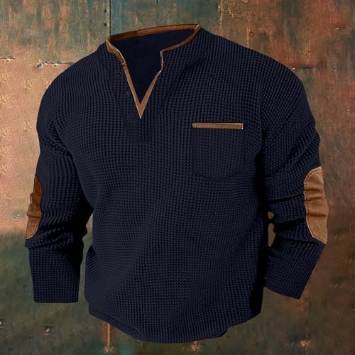 Men's Waffle Sweatshirt Casual Knited Long Sleeve Thermal Stand Collar Pullover Stylish Warm Cozy V Neck Henley Shirts Quilted Knitted Sweatshirts Plus Size Navy