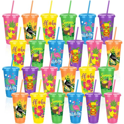 Kochorie 24 Pieces Hawaiian Plastic Cups with Lids and Straws 24 oz Reusable Party Cups Tumblers Bulk Iced Coffee Drinking Cups Water Bottle Travel Mug for Birthday