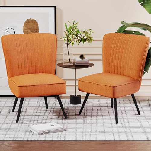 Alunaune Orange Accent Chair Set of 2 Upholstered Living Room Chairs Modern Bedroom Furniture Sets Armless Slipper Club Chair Guest Reception Couch Comfy Wingback Single Sofa - Image 4