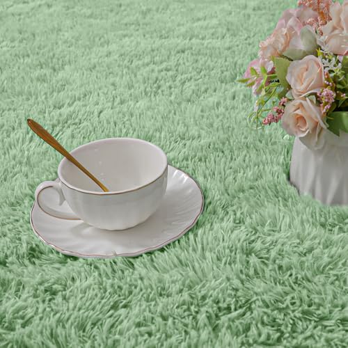 Green Fluffy Rugs for Living Room 4x4 ft - Round Ultra Soft Faux Fur Area Rug - Plush Non-Slip Shaggy Carpet for Bedroom, Kids Boys Girls Dorm Nursery Room